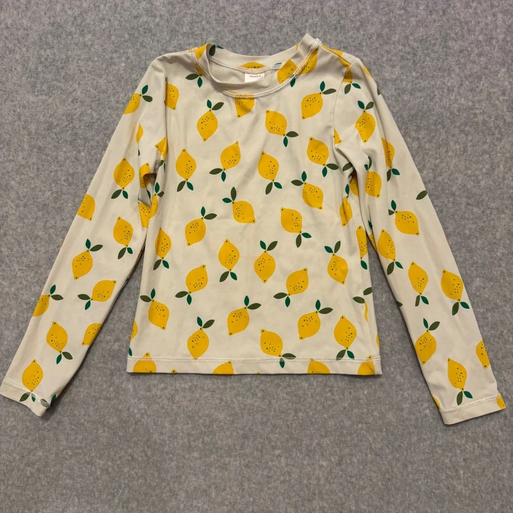Hanna Andersson Kids Lemon Print Long Sleeve Rash Guard Swim Top Cream Size 10